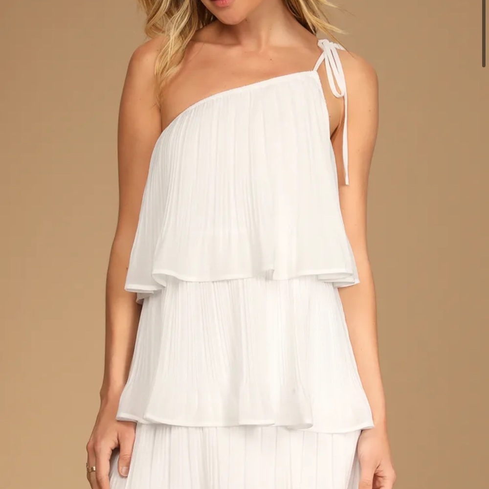 Blowing Kisses White Pleated One-Shoulder Mini Dress